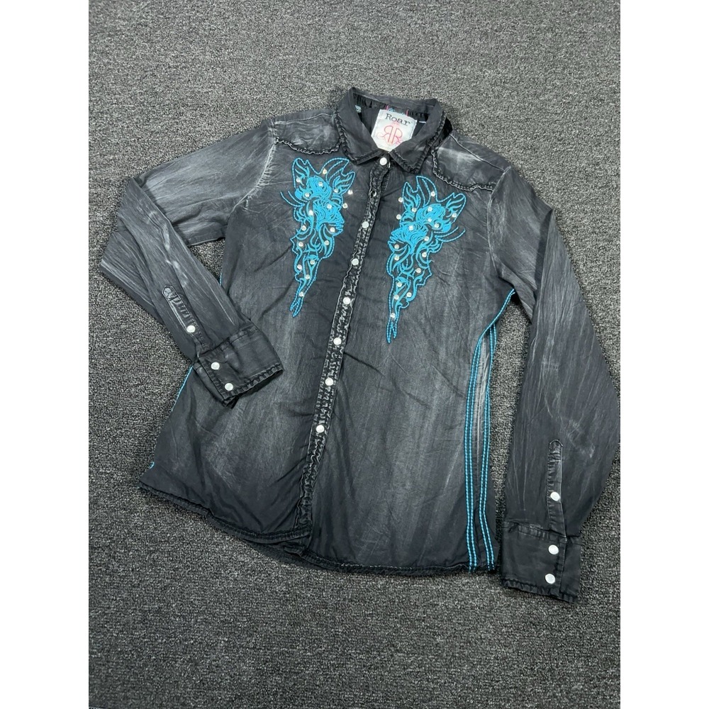 Roar Shirt Women's XL Black Blue Embroidered Pearl Snap Grunge‎ Distressed